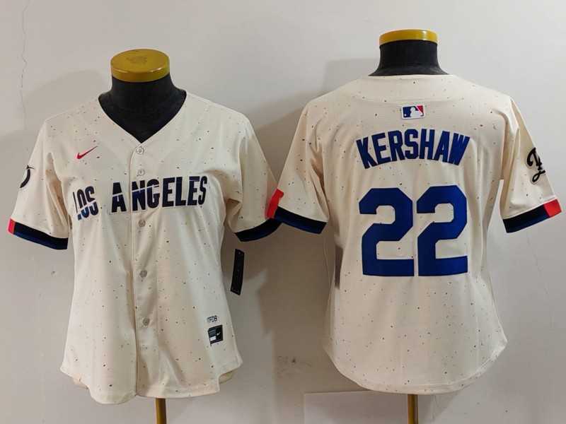Womens Los Angeles Dodgers #22 Clayton Kershaw Cream 2024 City Connect Limited Stitched Jersey